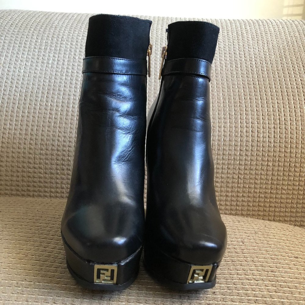 FENDI Women's Black Leather Platform Wedge Fendista Ankle Boots